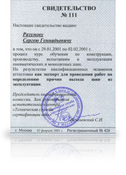 Свидетельство эксперта НИИ шинной промышленности